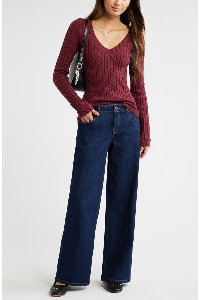 Cable Stitch V-Neck Sweater, Alternate, color, BURGUNDY TANNIN
