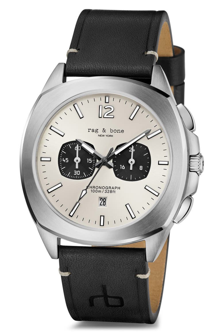 Bleeker Chronograph Leather Strap Watch, 42mm, Alternate, color, BLACK