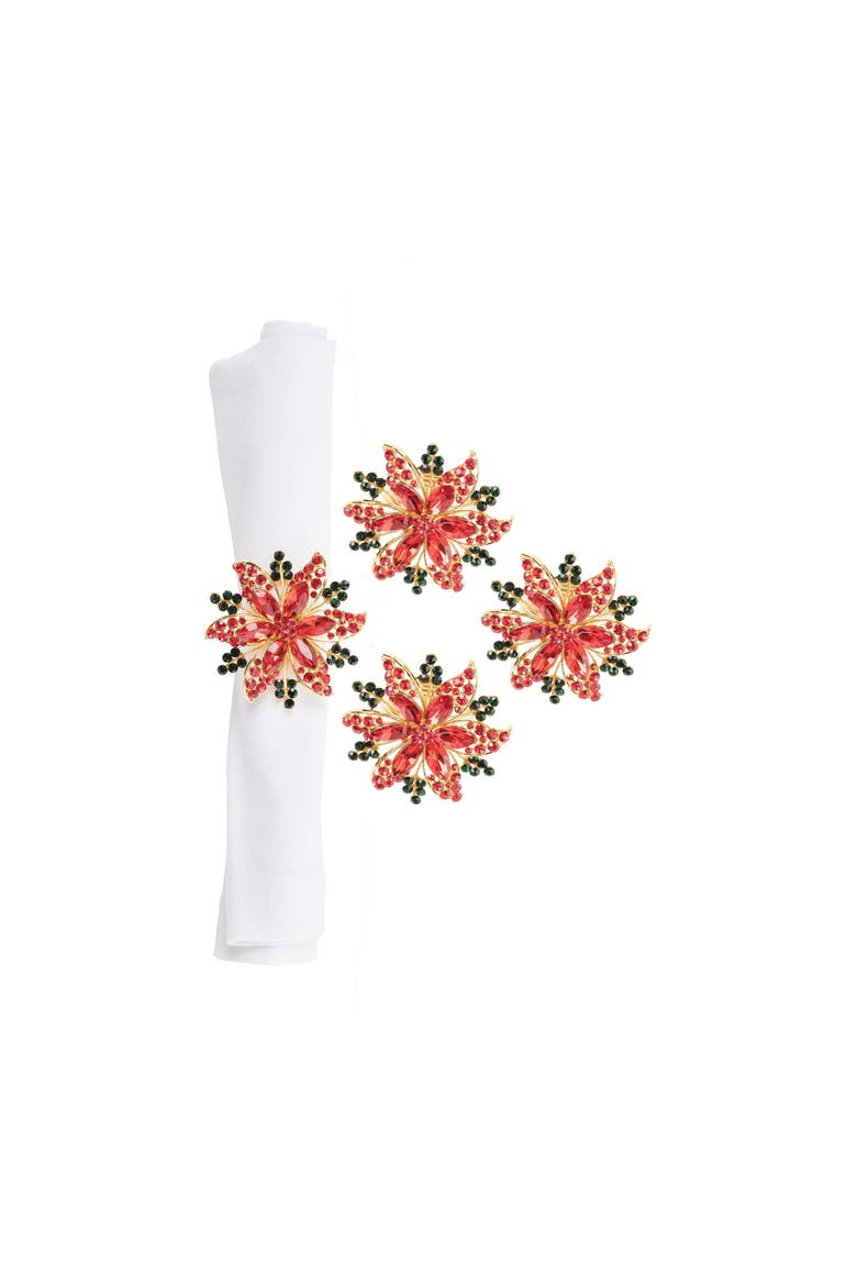 Poinsettia Standard Christmas Set of 4 Metal Cloth Napkin Rings, Main, color, Red