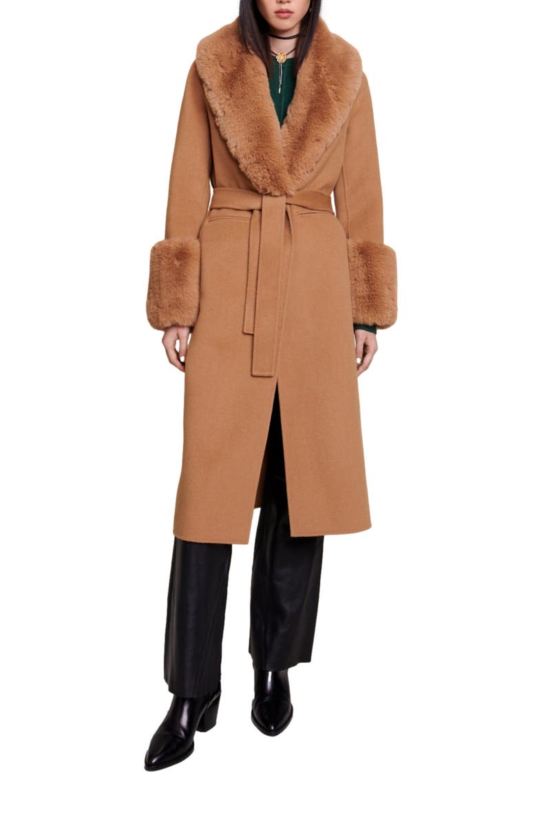 maje Wool Blend Belted Coat with Faux Fur Trim, Alternate, color, 