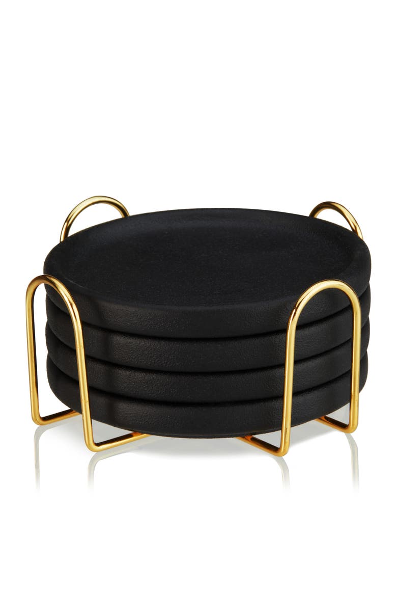 Earthenware Coasters with Stand Set of 4, Main, color, Black