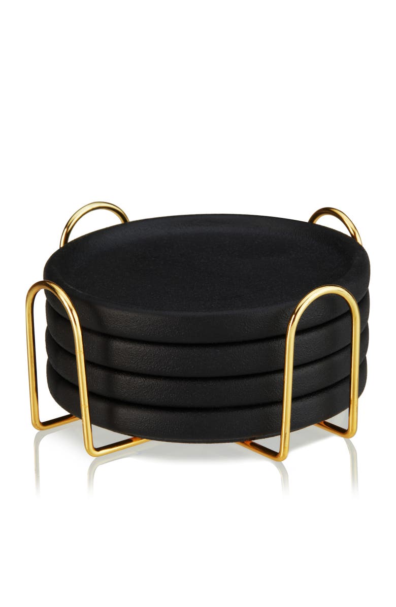 Viski Earthenware Coasters with Stand Set of 4, Main, color, Black