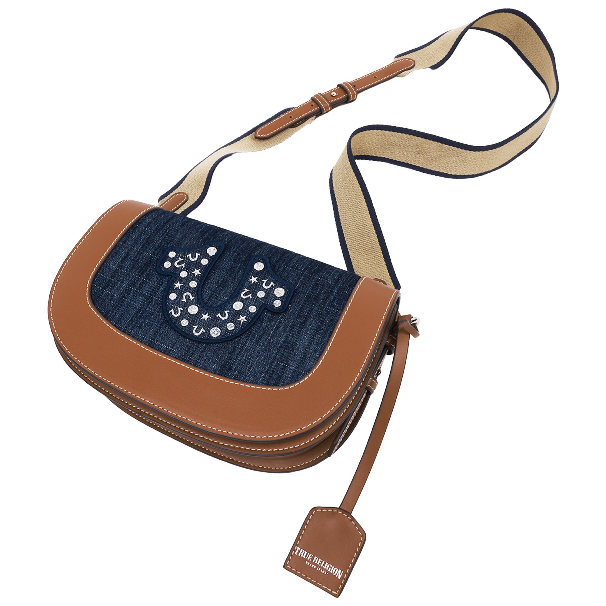 True Religion Studded Logo Denim Flap Bag, Alternate, color, 