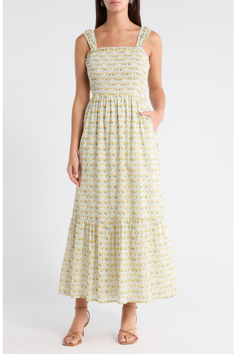 Vemmy Abstract Tayla Smocked Maxi Dress, Main, color, WHITE-YELLOW