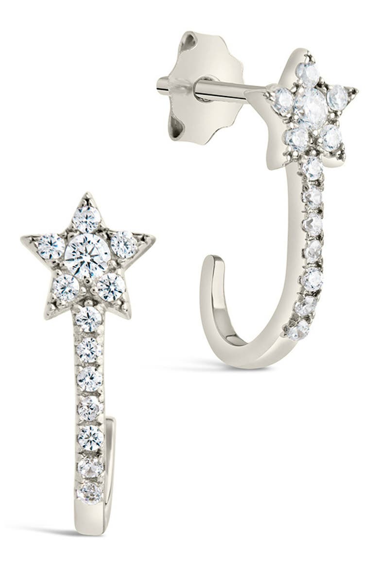 Cubic Zirconia Star Hoop Earrings, Main, color, SILVER