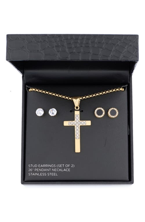 American Exchange Crystal Cross Necklace & Stud Earrings Set In Gold