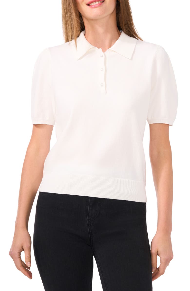 CeCe Imitation Pearl Button Puff Sleeve Polo, Main, color, Antique White