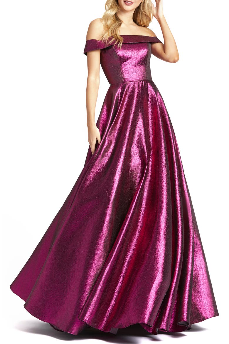 Off the Shoulder Metallic Ballgown, Main, color, RASPBERRY