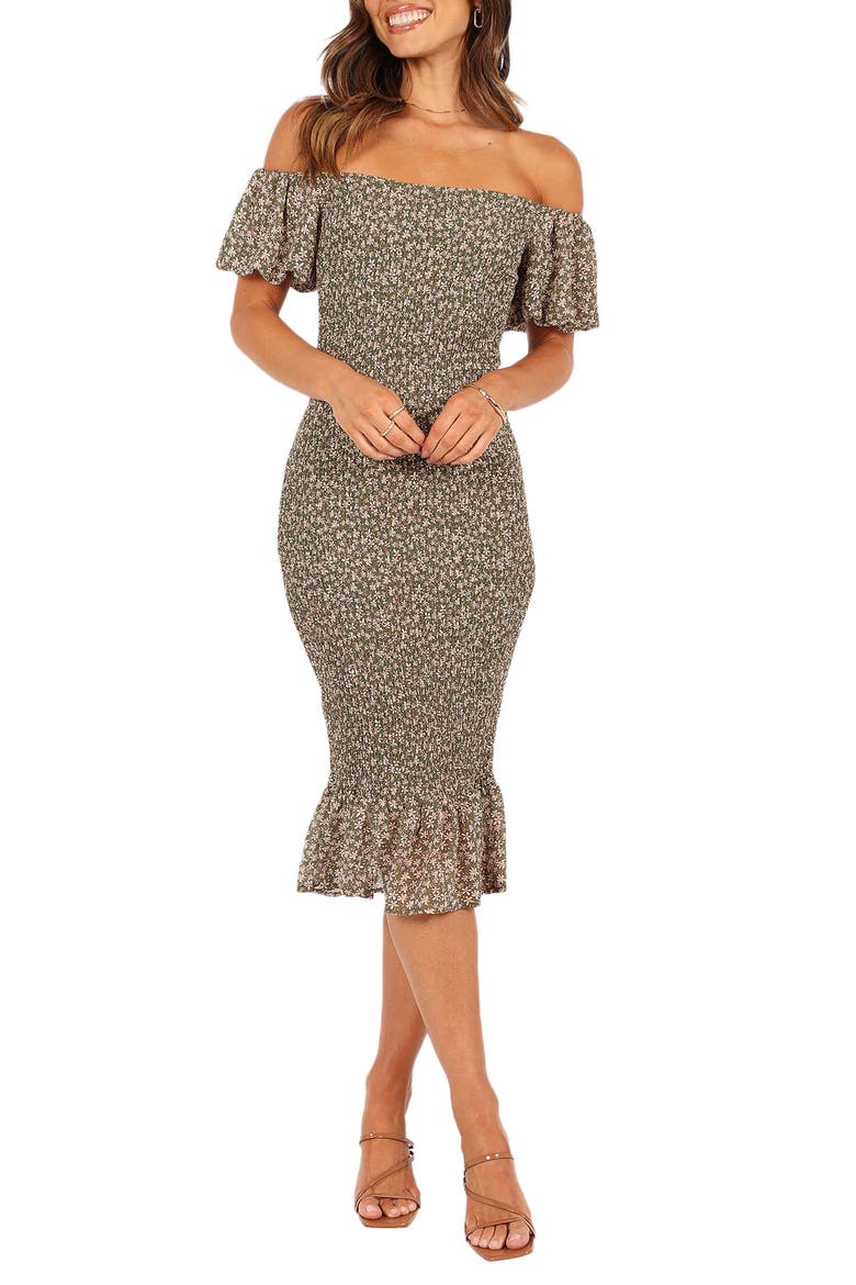 Claire Smocked Off the Shoulder Dress, Main, color, GREEN FLORAL
