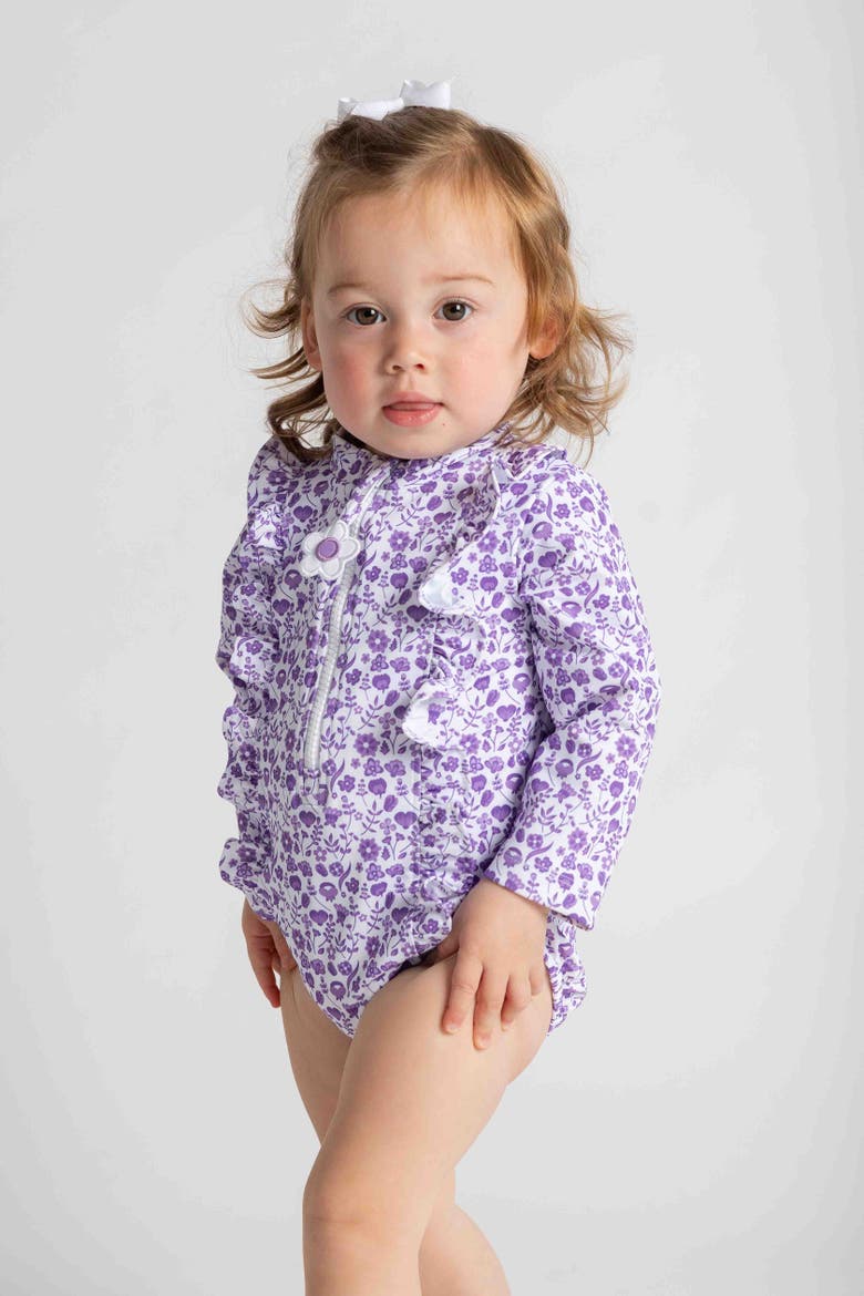 Floral Print One Piece Rashguard with Ruffles, Alternate, color, Purple/White