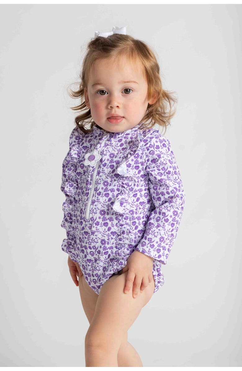 Florence Eiseman Floral Print One Piece Rashguard with Ruffles, Alternate, color, Purple/White