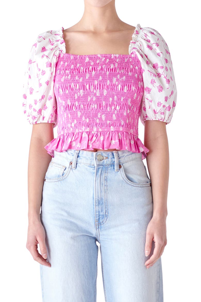Colorblock Tulip Print Smocked Top, Alternate, color, PINK/ WHITE