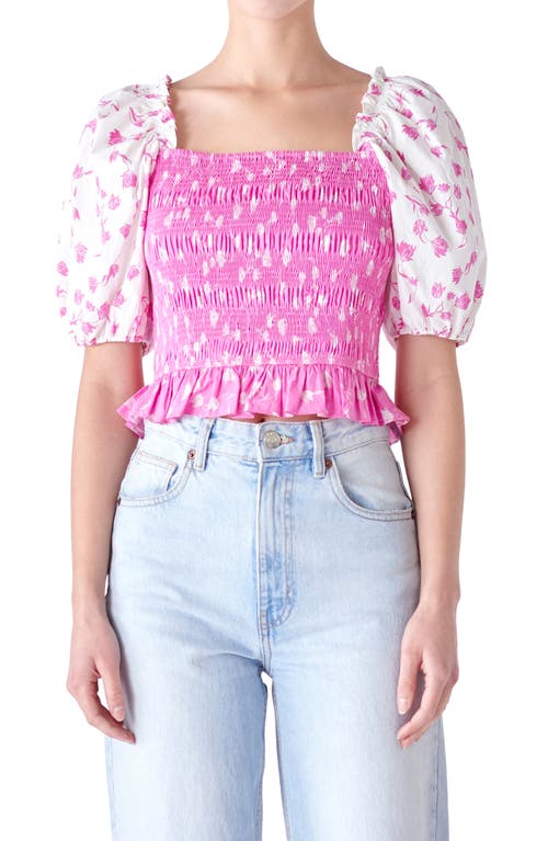 English Factory Colorblock Tulip Print Smocked Top In Pink/white