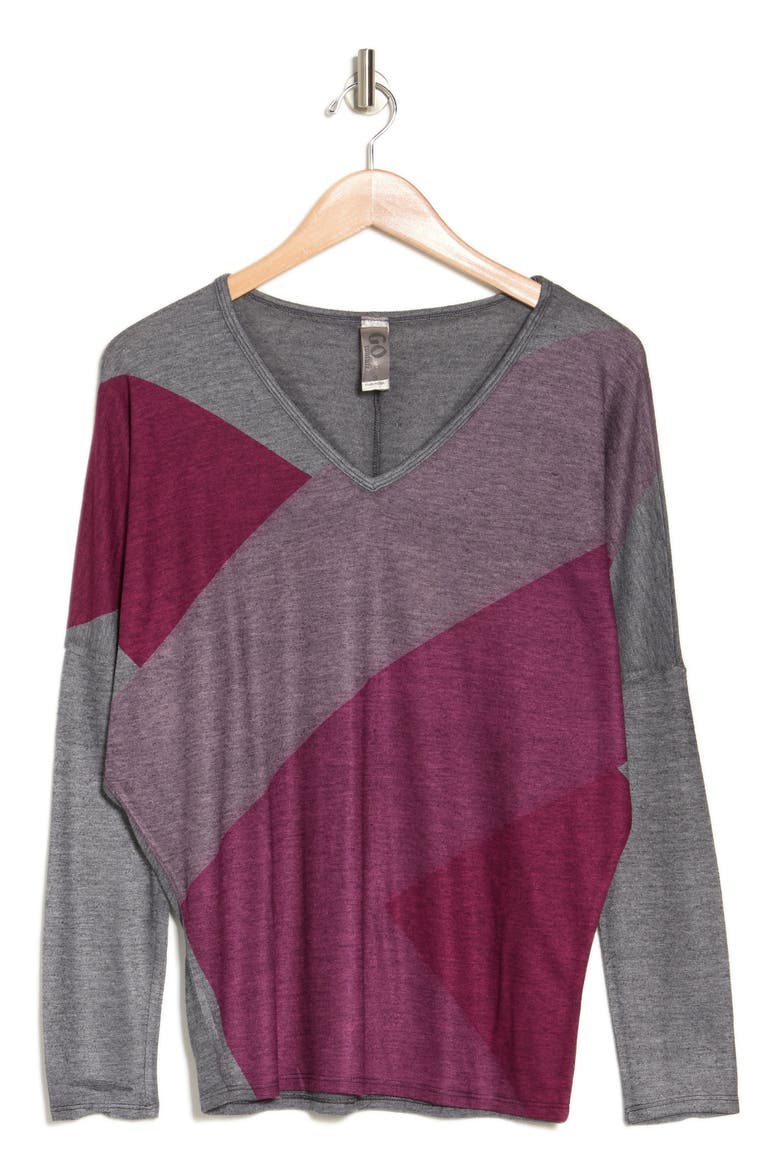 V-Neck Asymmetric Long Sleeve T-Shirt, Alternate, color, GREY/PURPLE