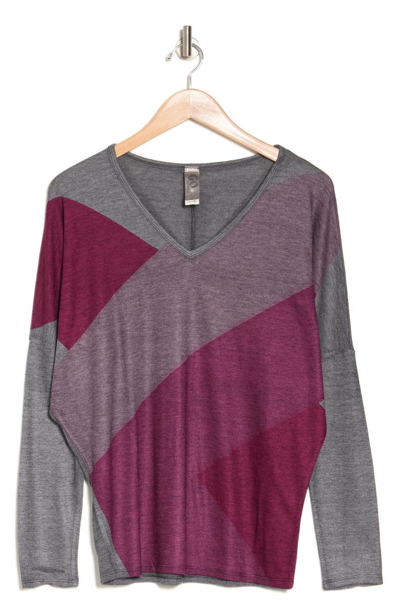 GO COUTURE V-Neck Asymmetric Long Sleeve T-Shirt, Alternate, color, Grey/Purple