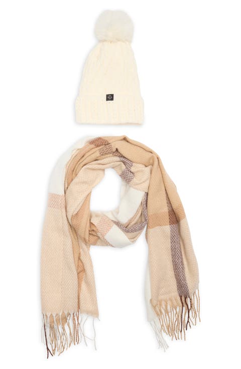 Faux Fur Pompom Beanie & Scarf Gift Set