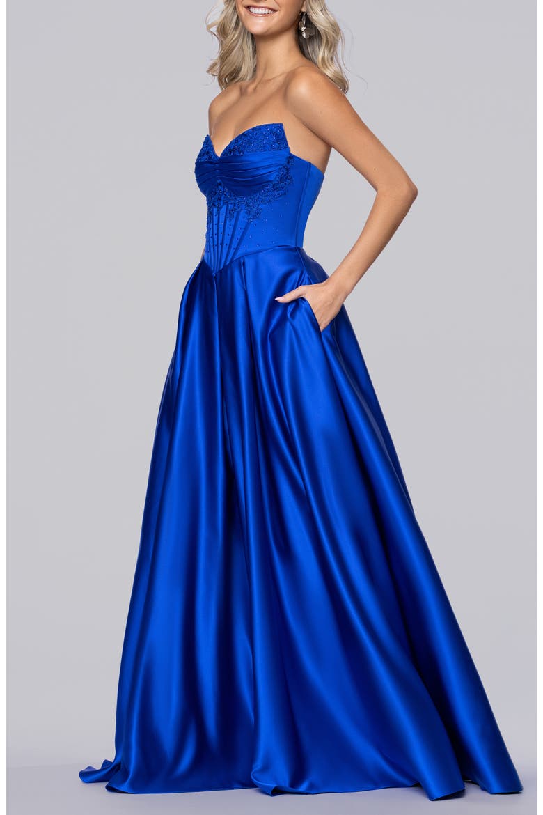Bead Detail Strapless Satin Gown, Alternate, color, ROYAL