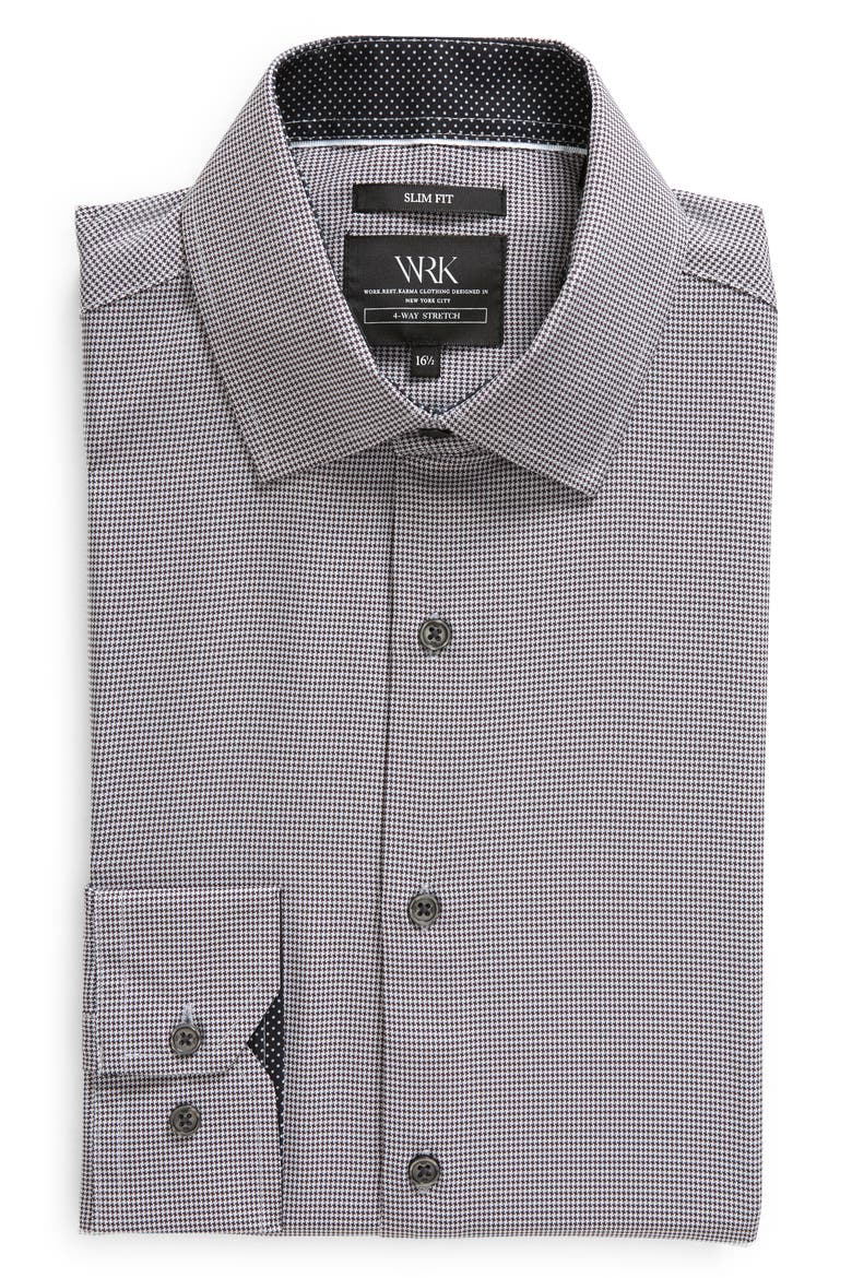 Slim Fit Houndstooth Print Recycled Performance Stretch Dress Shirt, Main, color, BLACK