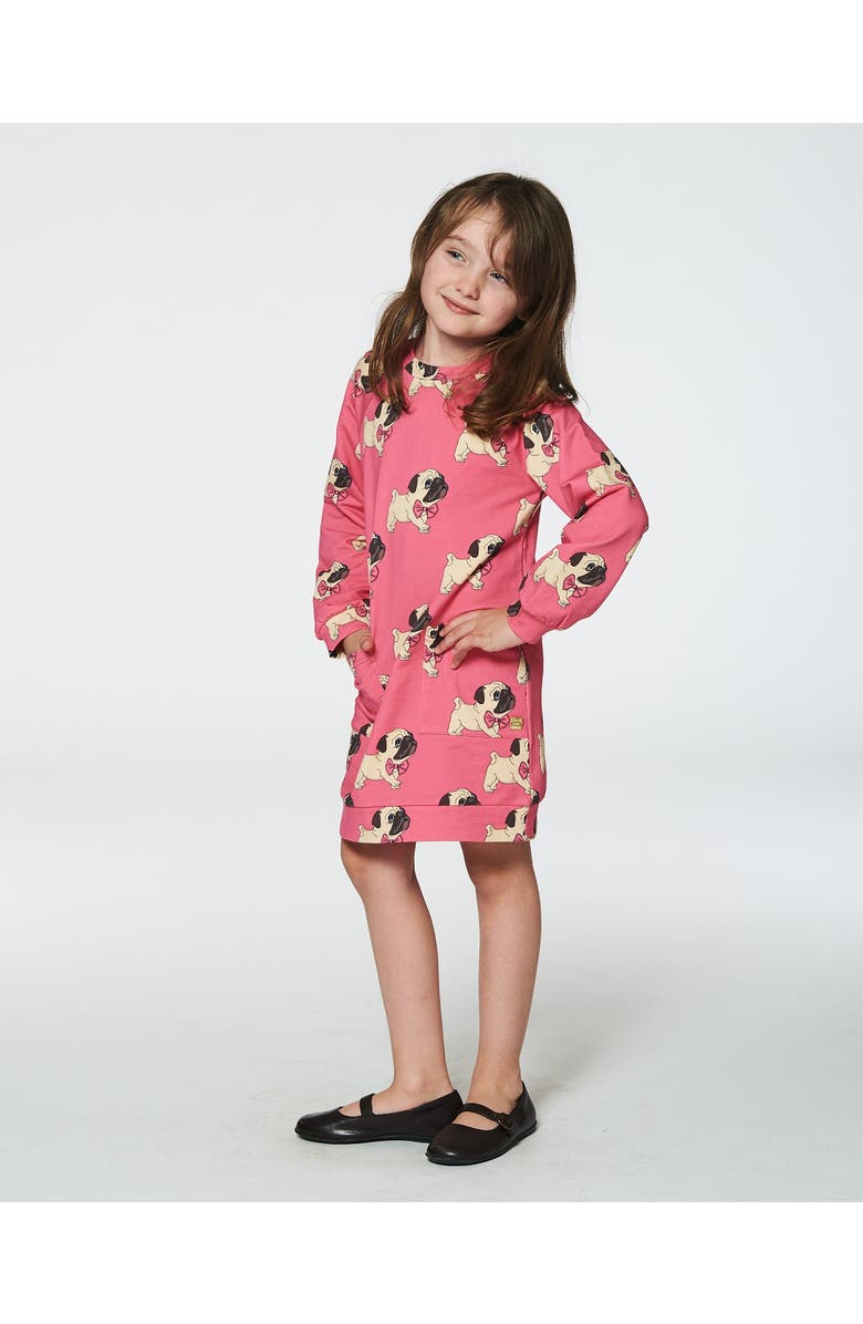 Deux par Deux Little Girl's Long Sleeve Fleece Dress With Pocket Magenta Printed Pug, Alternate, color,