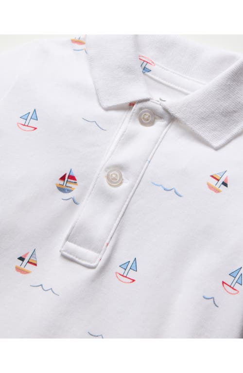 Petite Plume Sailboat Print Pima Cotton Polo Romper In White