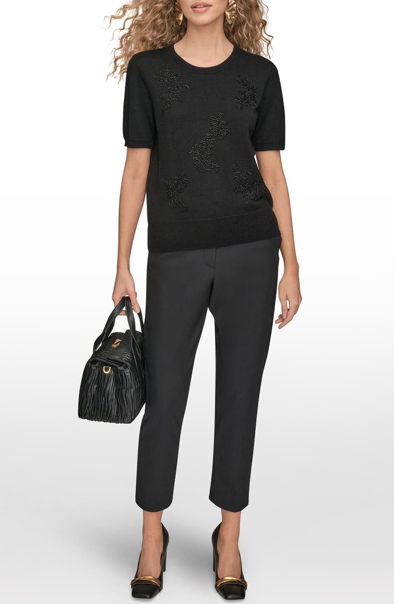 Donna Karan New York Floral Embellished Merino Wool Knit Top, Alternate, color, Black