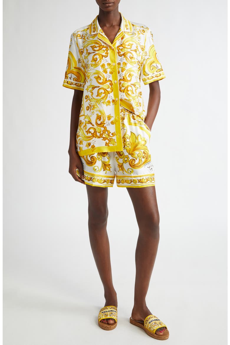 Majolica Print Silk Button-Up Shirt, Alternate, color, MIX MAIOLICA GIALLO