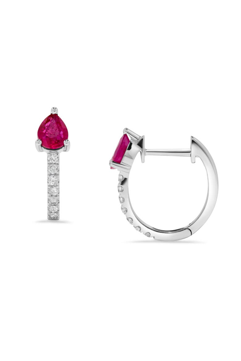 Pear-Shaped Ruby & Diamond Huggie Earrings in 14K White Gold, Main, color, 14K White Gold