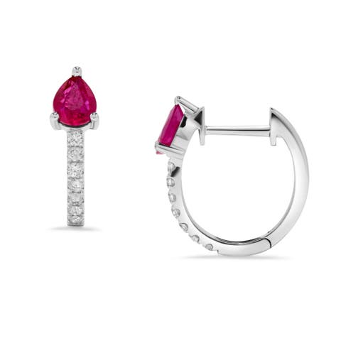 Pear-Shaped Ruby & Diamond Huggie Earrings in 14K White Gold