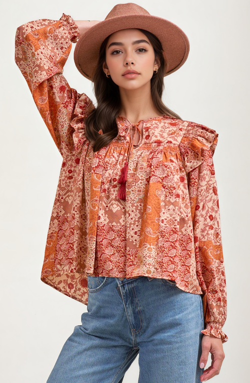 Knit and Lounge Boho Patchwork Ruffle Tassel Tie Neckline Blouse  product