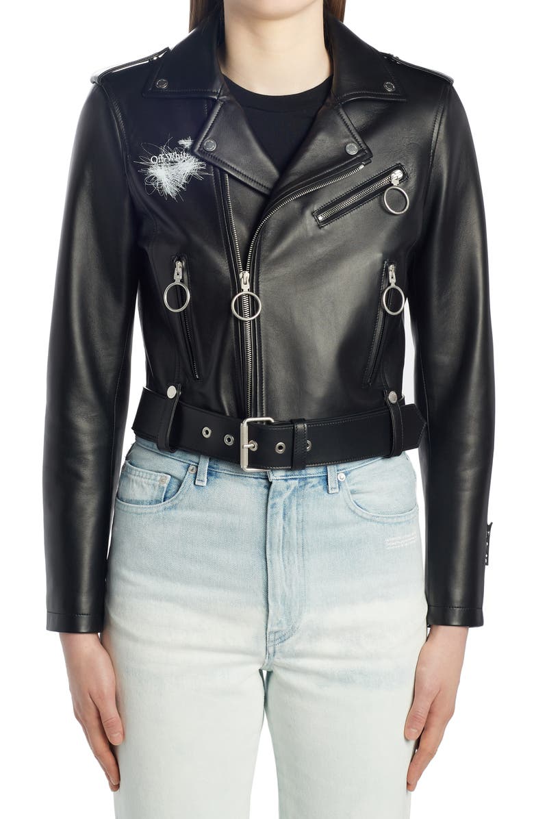 Off-White Pen Arrows Leather Crop Biker Jacket, Alternate, color, 