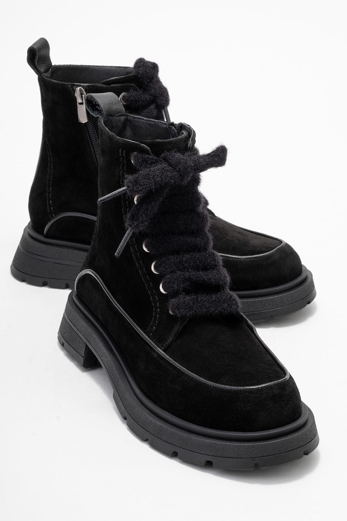 Mina Leather Combat Boot, Alternate, color, Black Suede Leather