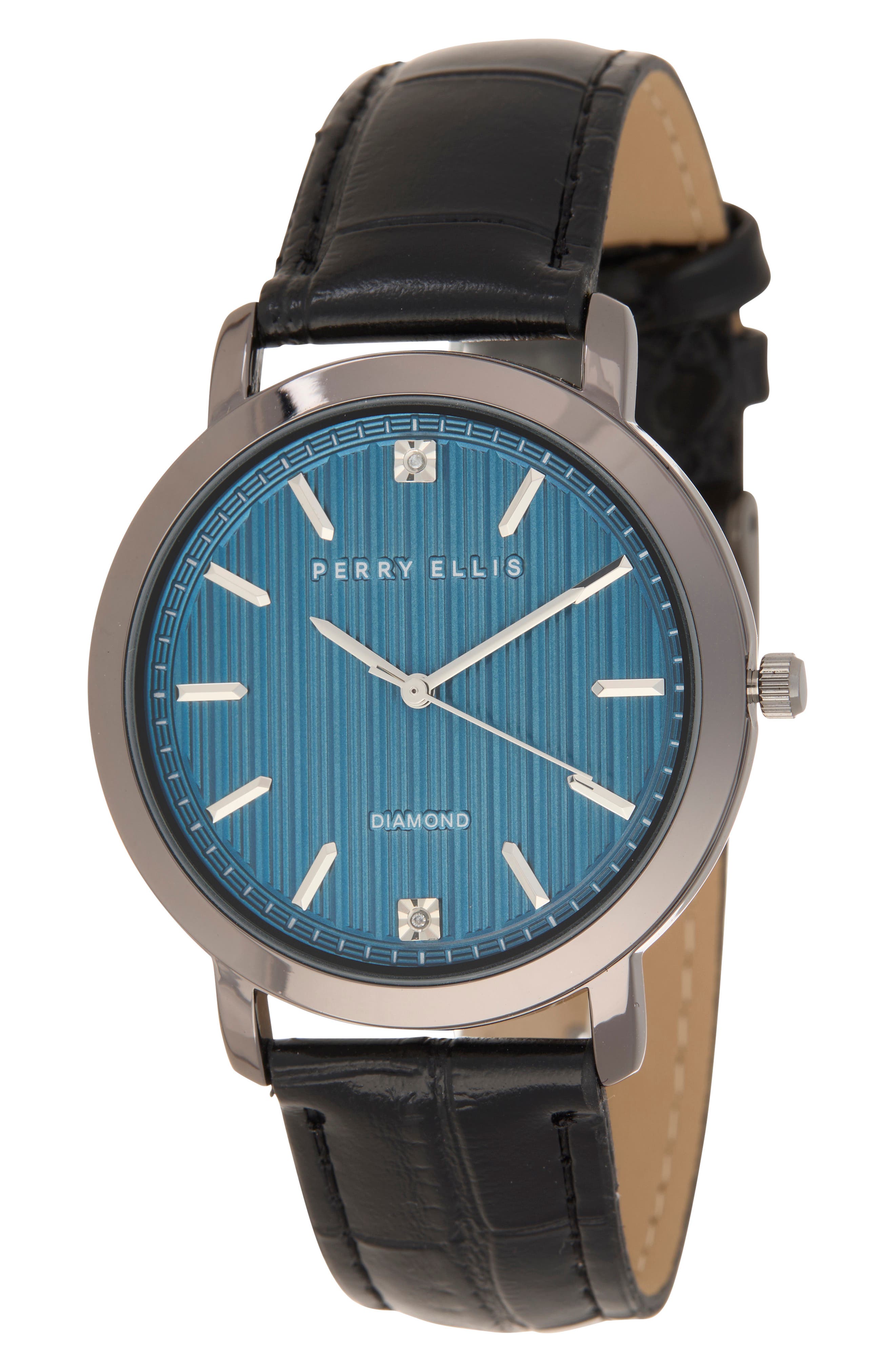 Perry Ellis Gunmetal Stripe Dial Diamond Accent Leather Strap Watch, 41mm