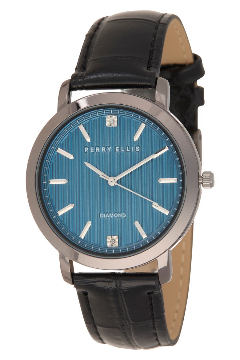 Gunmetal Stripe Dial Diamond Accent Leather Strap Watch, 41mm, Main, color, GUNMETAL