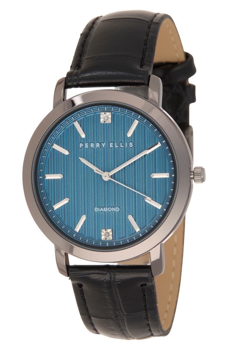 Perry Ellis Gunmetal Stripe Dial Diamond Accent Leather Strap Watch, 41mm, Main, color, Gunmetal