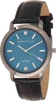 Perry Ellis Gunmetal Stripe Dial Diamond Accent Leather Strap Watch, 41mm