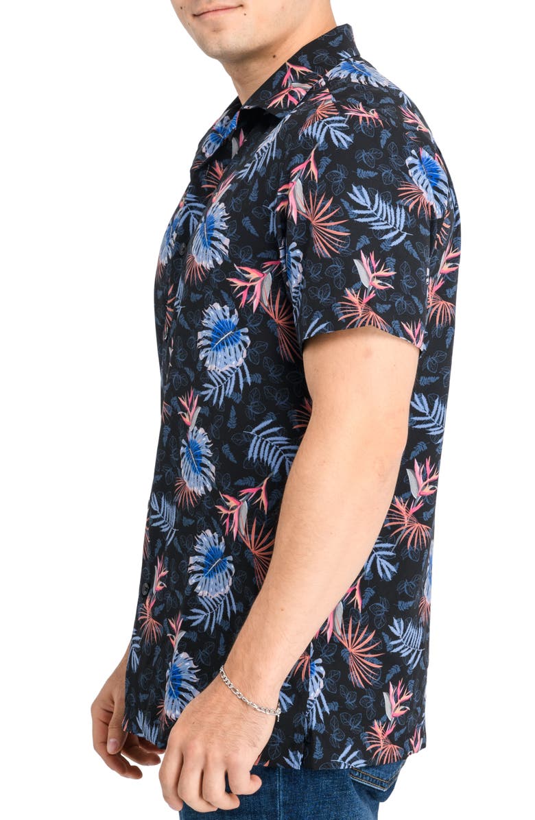 CONSTRUCT Slim Fit Monstera Leaves Camp Shirt, Alternate, color, Black