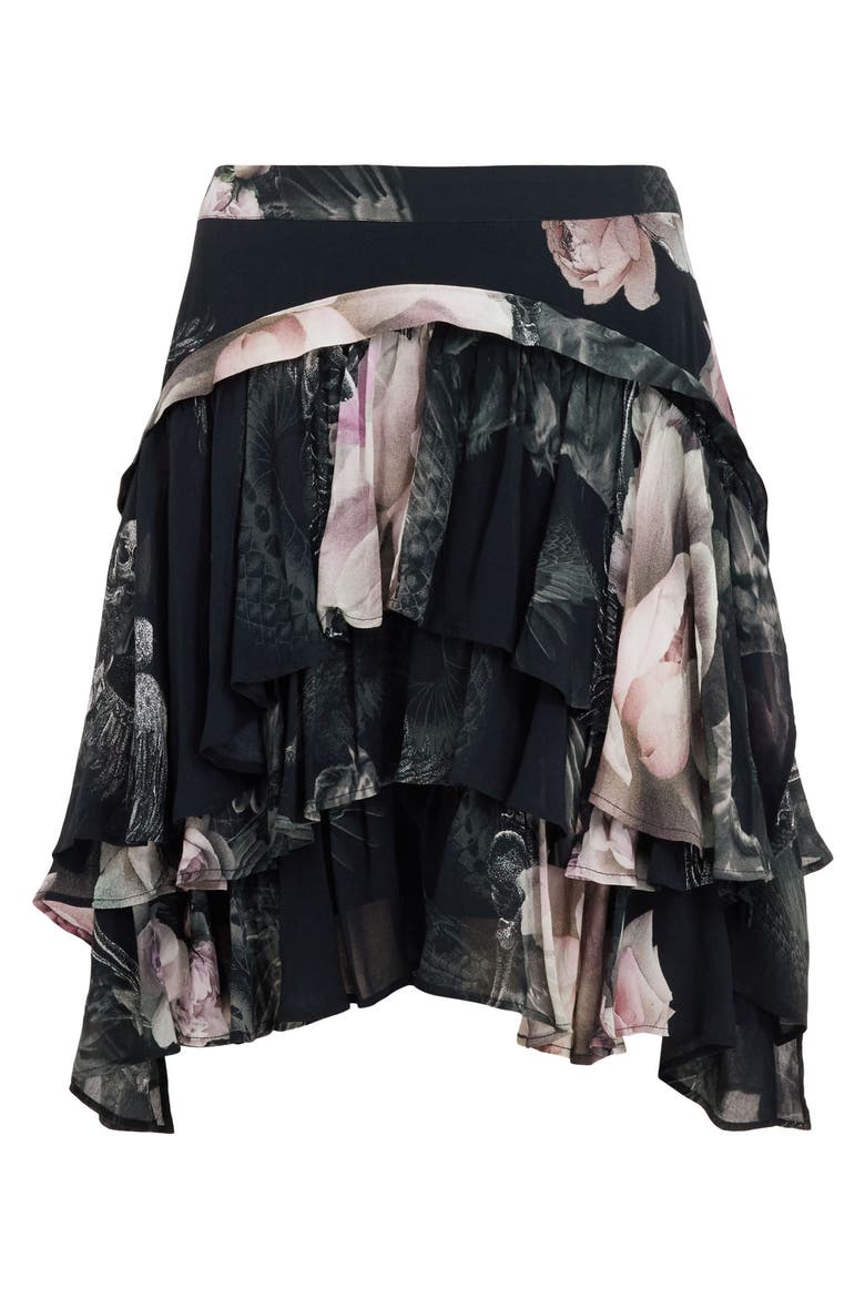 Cavalry Valley Floral Tiered Skirt, Alternate, color, JET BLACK