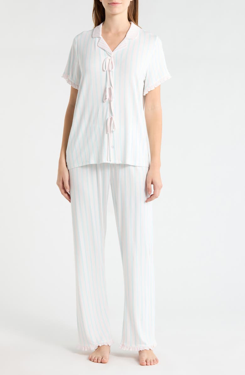 French Connection Bow Detail Stripe Pajamas, Main, color, Blue/ Pink Stripe