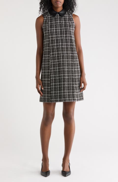 Faux Leather Collared Tweed Shift Dress
