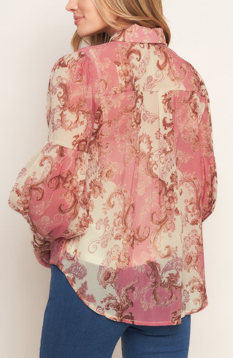 FLYING TOMATO Floral Tie Neck Long Sleeve Button-Up Shirt, Alternate, color, Ivory Pink