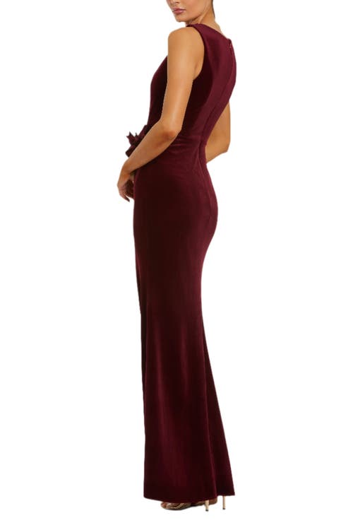 Mac Duggal High Neck Velvet Column Dress With 3d Flowers In Burgundy