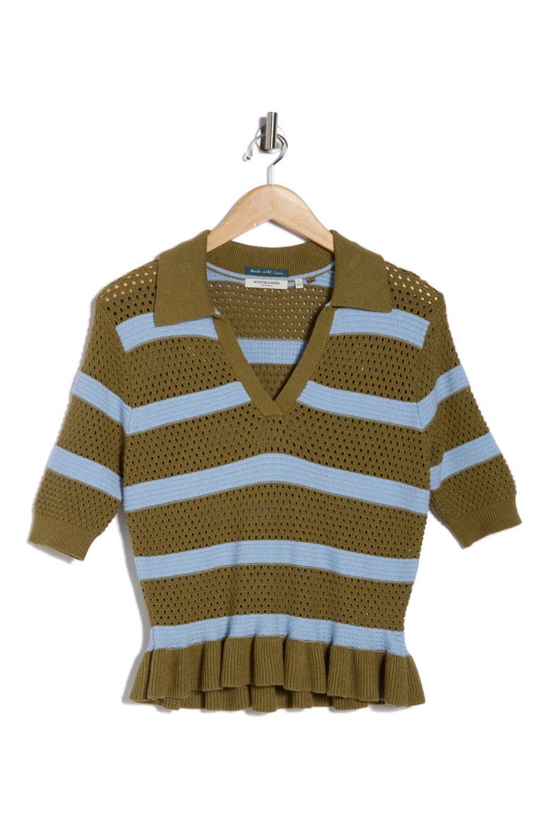 Pointelle Peplum Sweater, Alternate, color, GREEN MOSS/ CERULEAN