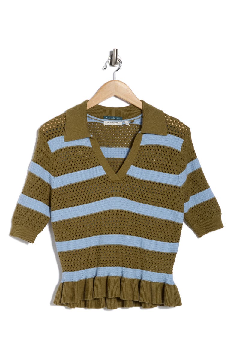 Scotch & Soda Pointelle Peplum Sweater, Main, color, Green Moss/ Cerulean