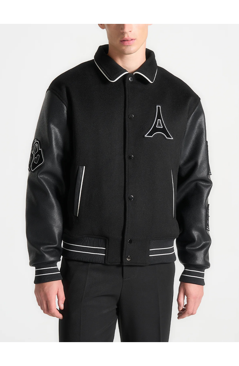 Manière De Voir Oscar Mona Lisa Wool Blend Varsity Jacket, Alternate, color, Black