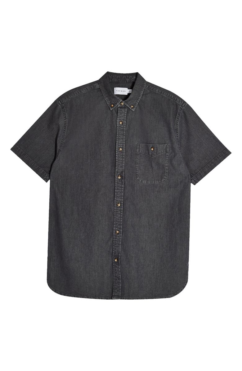Topman Short Sleeve Button-Down Stretch Denim Shirt, Alternate, color,