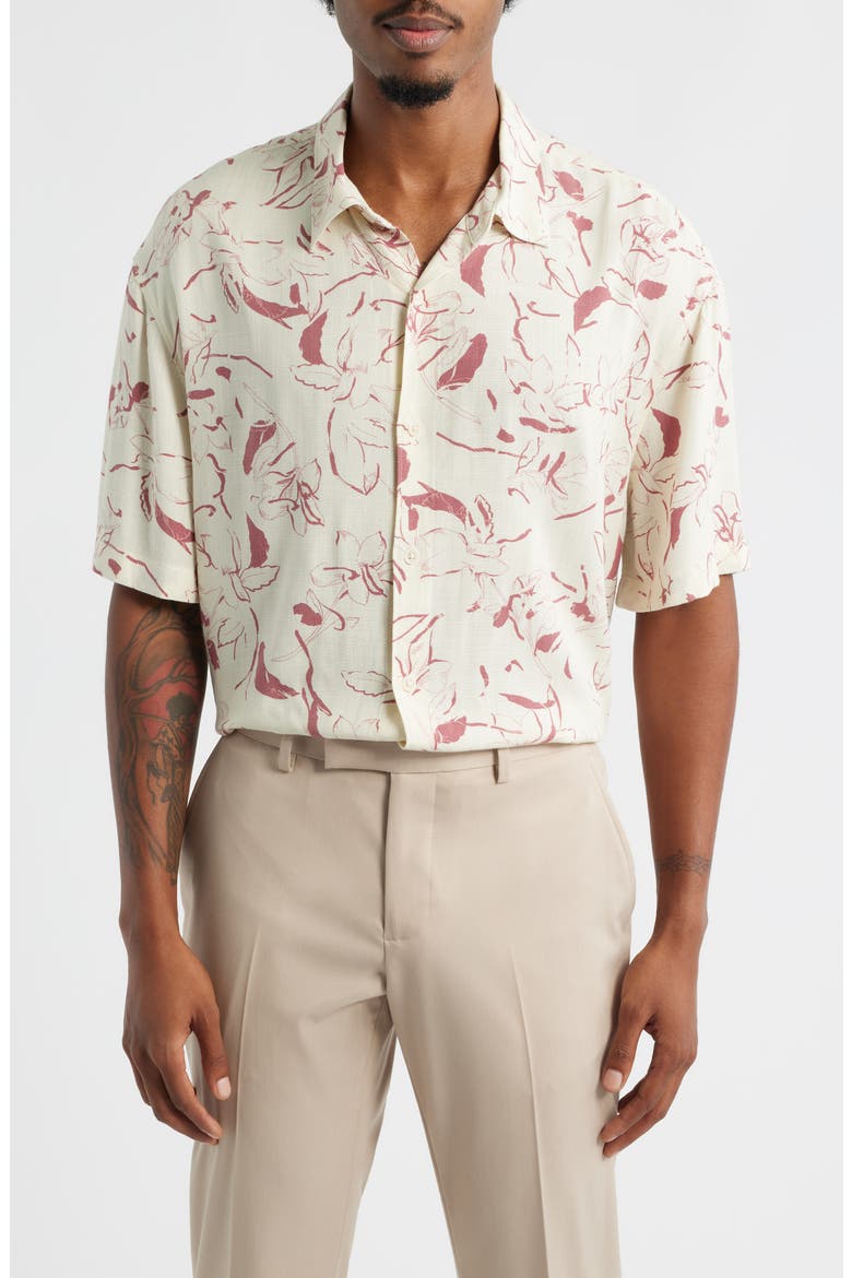 Floral Short Sleeve Button-Up Shirt, Main, color, IVORY- PINK TOSSED PETAL