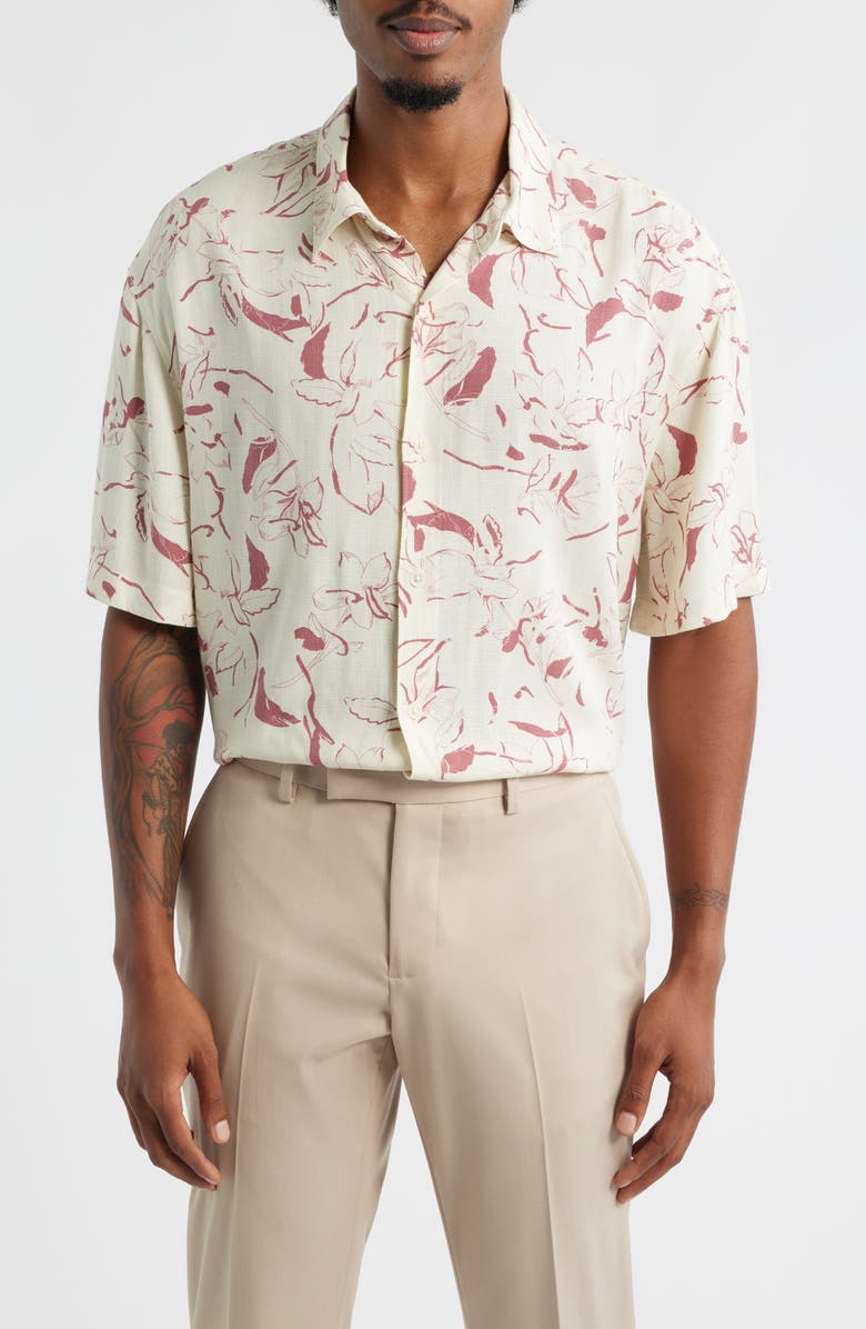 Open Edit Floral Short Sleeve Button-Up Shirt, Main, color, Ivory- Pink Tossed Petal