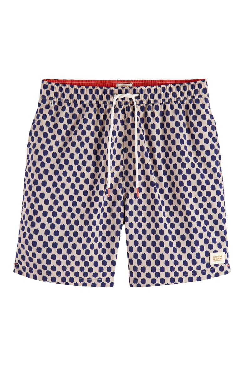 Print Mid Length Swim Trunks, Main, color, POLKA NAVY BLUE