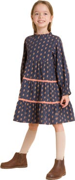 Beet World Toddler Girls' Long Sleeves Tiered Skirt Dress with Velvet Trim | Orange Floral