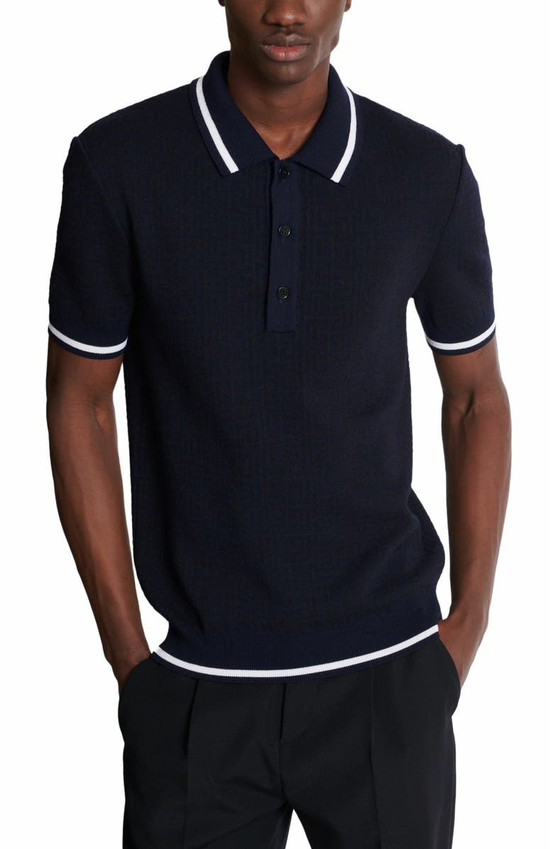 Balmain Monogrammed Merino Wool Polo Shirt, Alternate, color, Navy